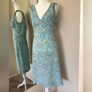 Blue Paisley Midi Dress with shoulder ties and dainty ruffles Y2K vintage dress